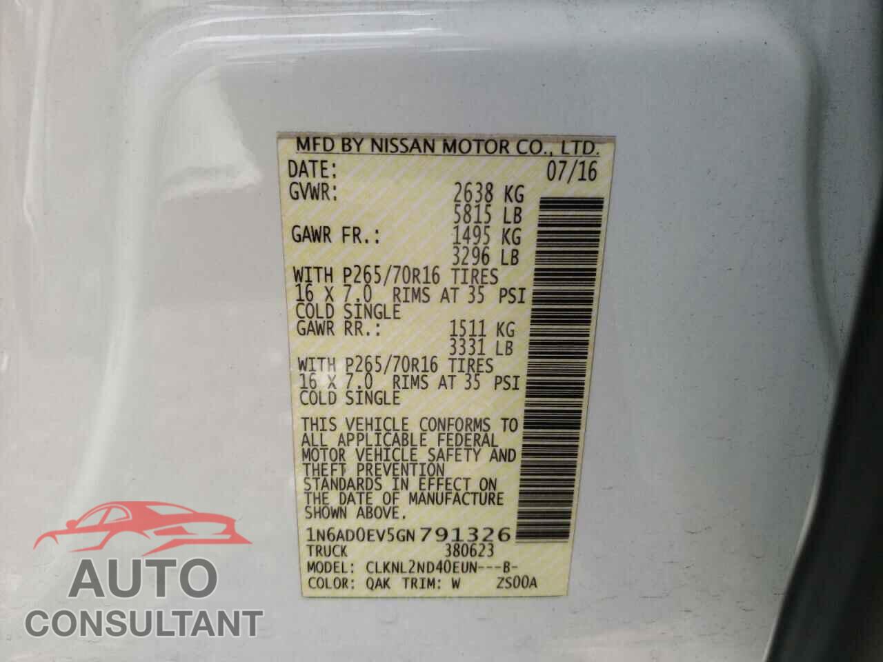 NISSAN FRONTIER 2016 - 1N6AD0EV5GN791326