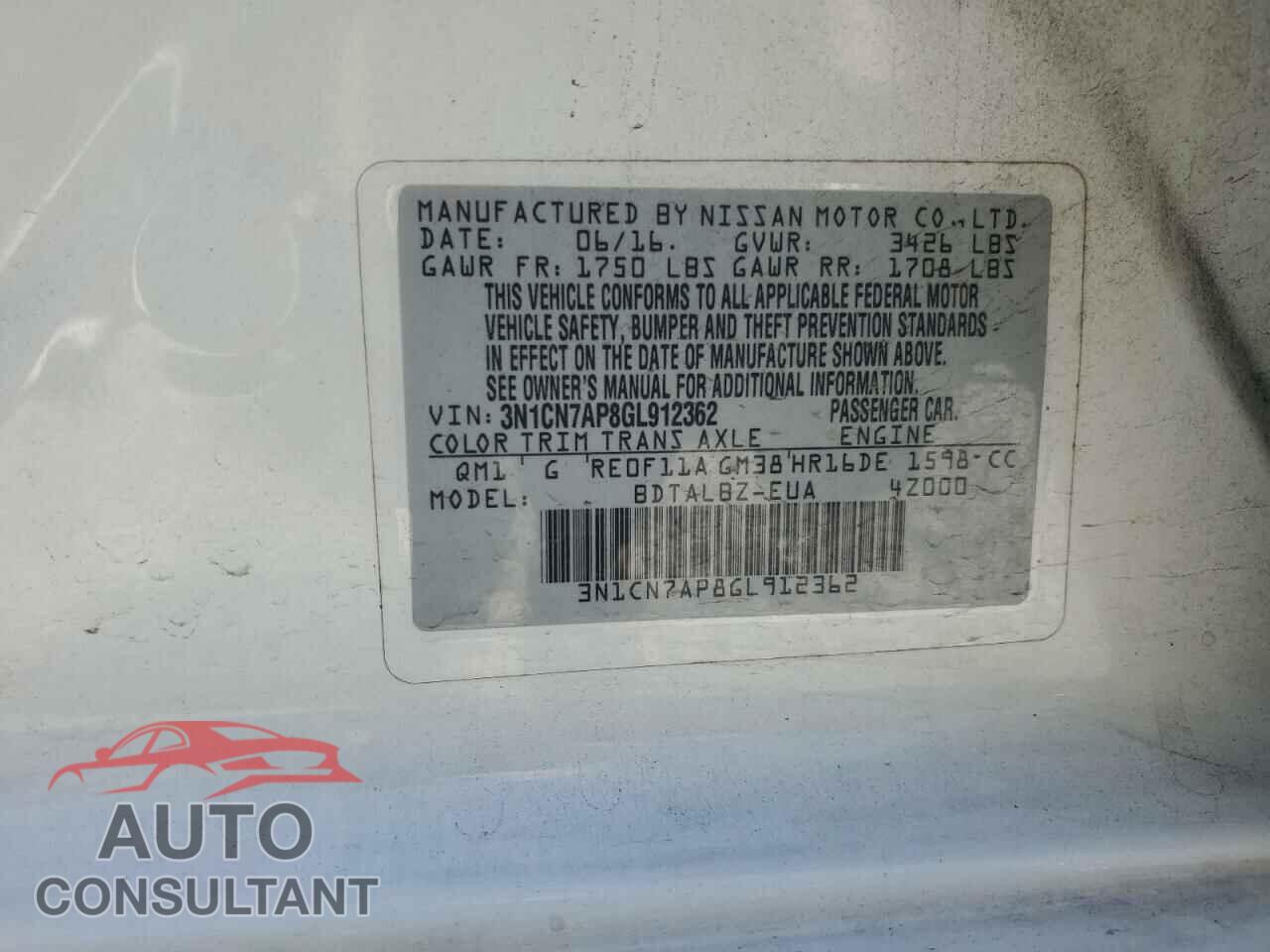 NISSAN VERSA 2016 - 3N1CN7AP8GL912362