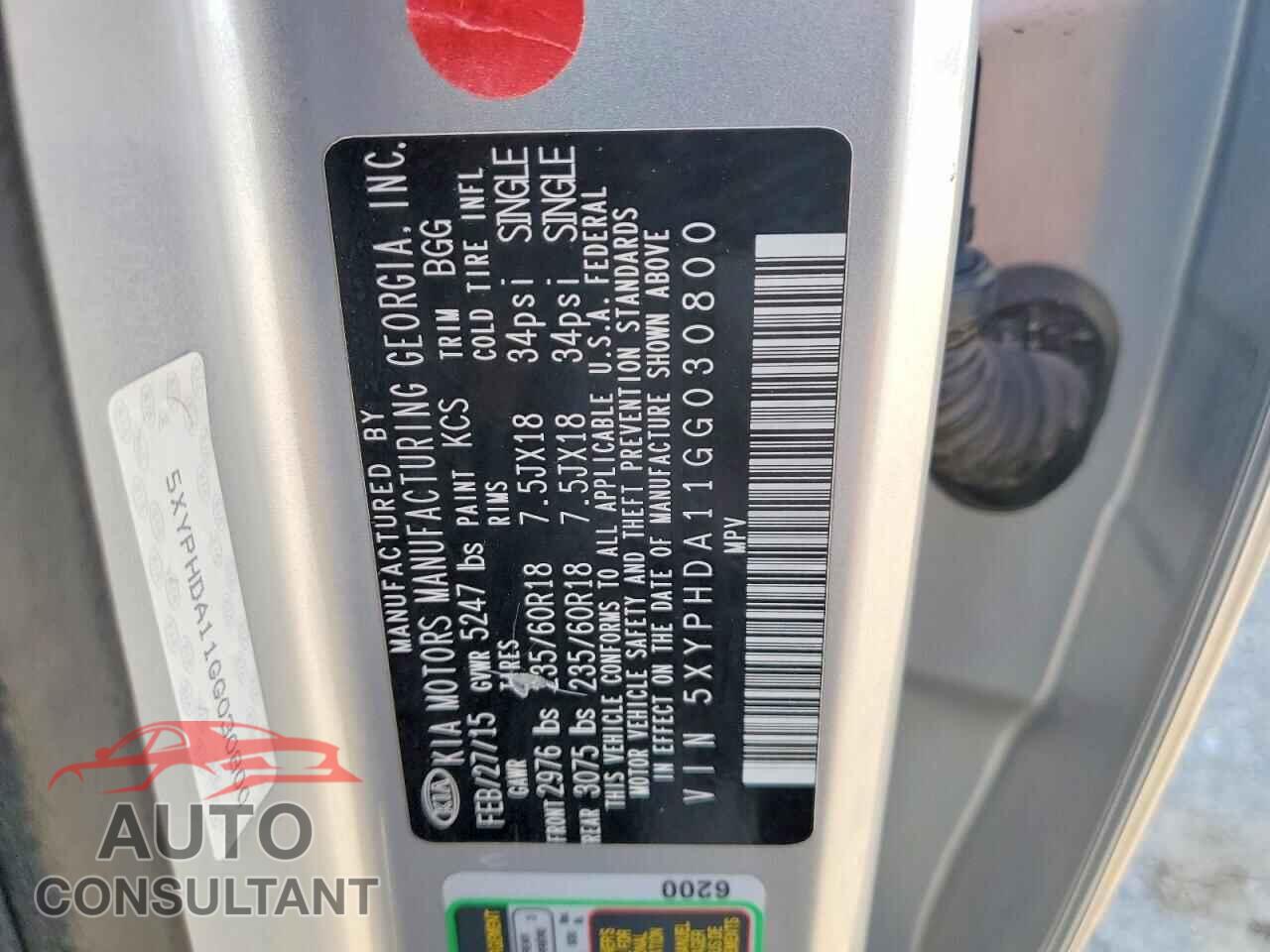 KIA SORENTO 2016 - 5XYPHDA11GG030800
