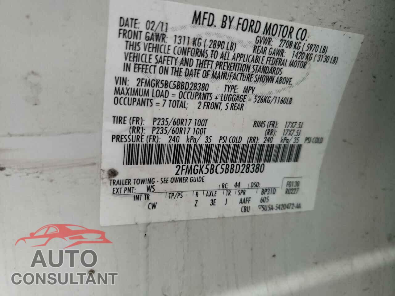 FORD FLEX 2011 - 2FMGK5BC5BBD28380