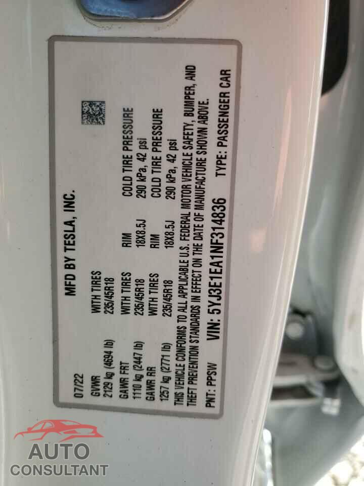 TESLA MODEL 3 2022 - 5YJ3E1EA1NF314836
