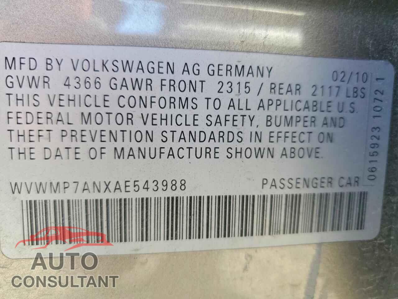 VOLKSWAGEN CC 2010 - WVWMP7ANXAE543988