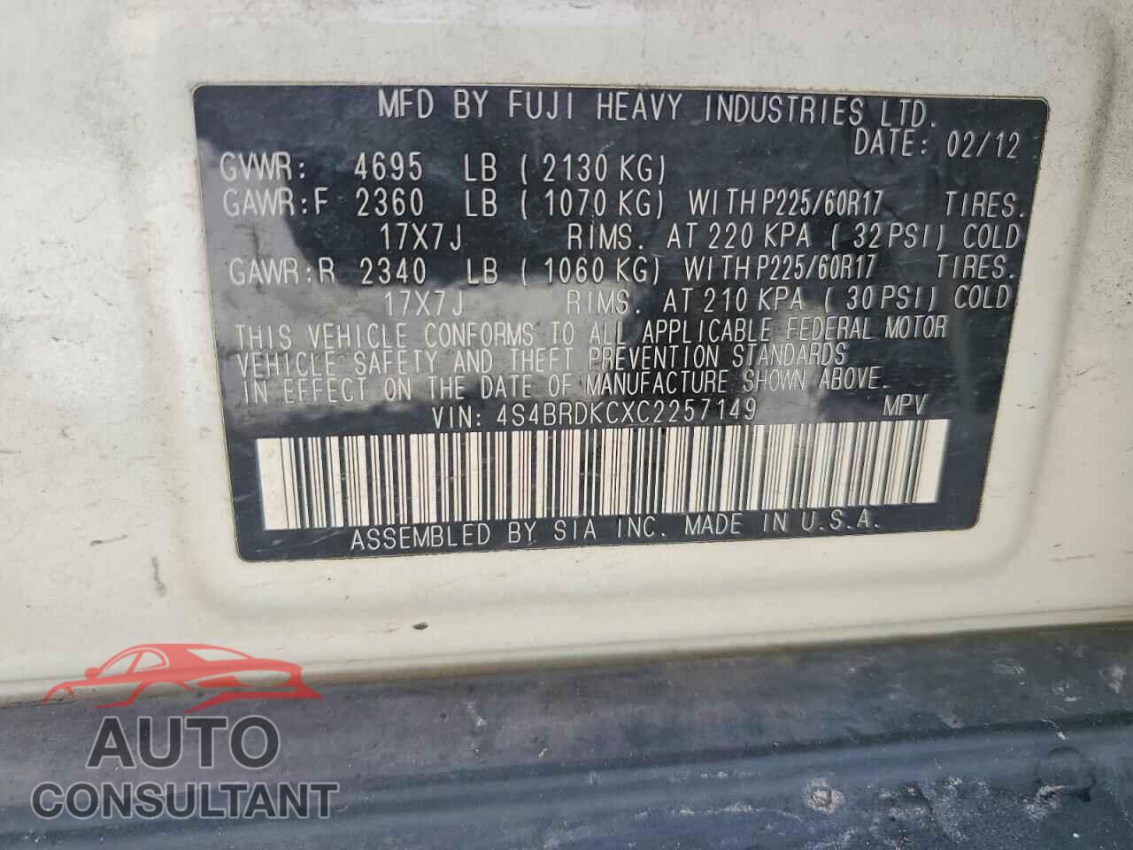SUBARU OUTBACK 2012 - 4S4BRDKCXC2257149