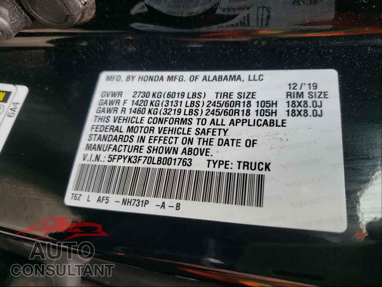 HONDA RIDGELINE 2020 - 5FPYK3F70LB001763
