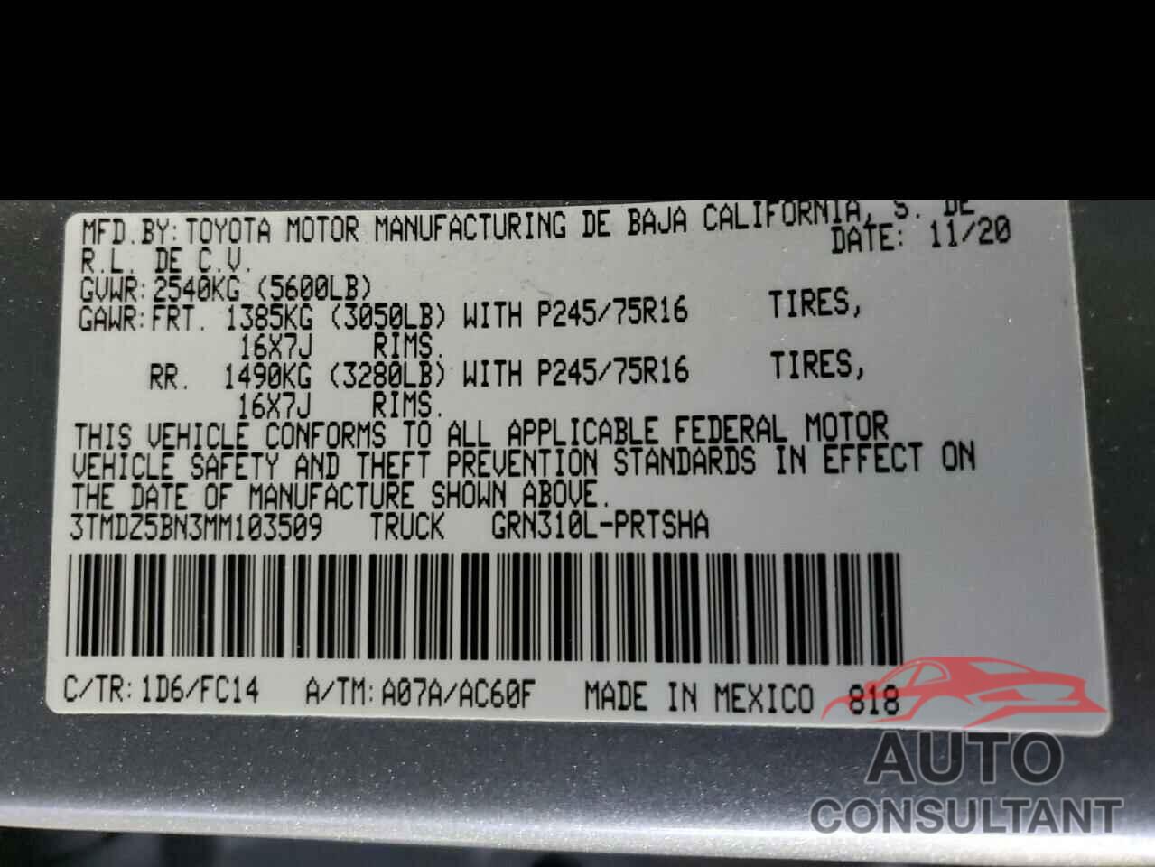 TOYOTA TACOMA 2021 - 3TMDZ5BN3MM103509