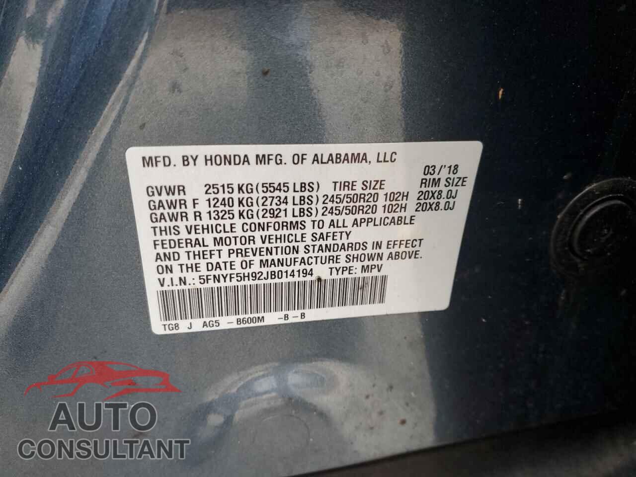 HONDA PILOT 2018 - 5FNYF5H92JB014194