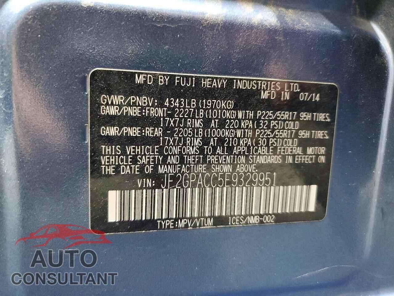 SUBARU XV 2014 - JF2GPACC5E9329951