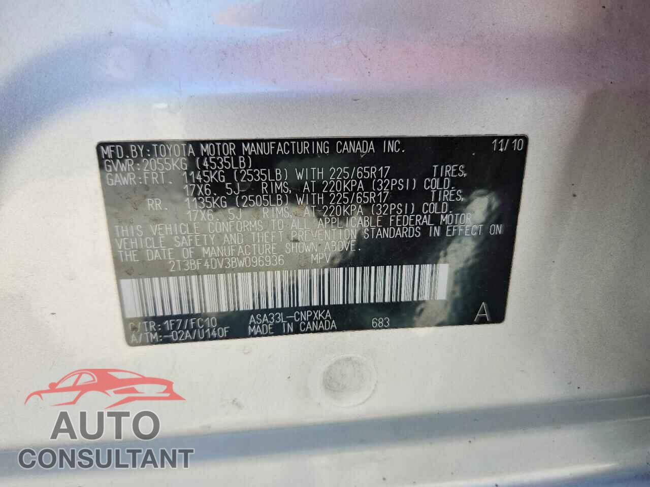 TOYOTA RAV4 2011 - 2T3BF4DV3BW096936
