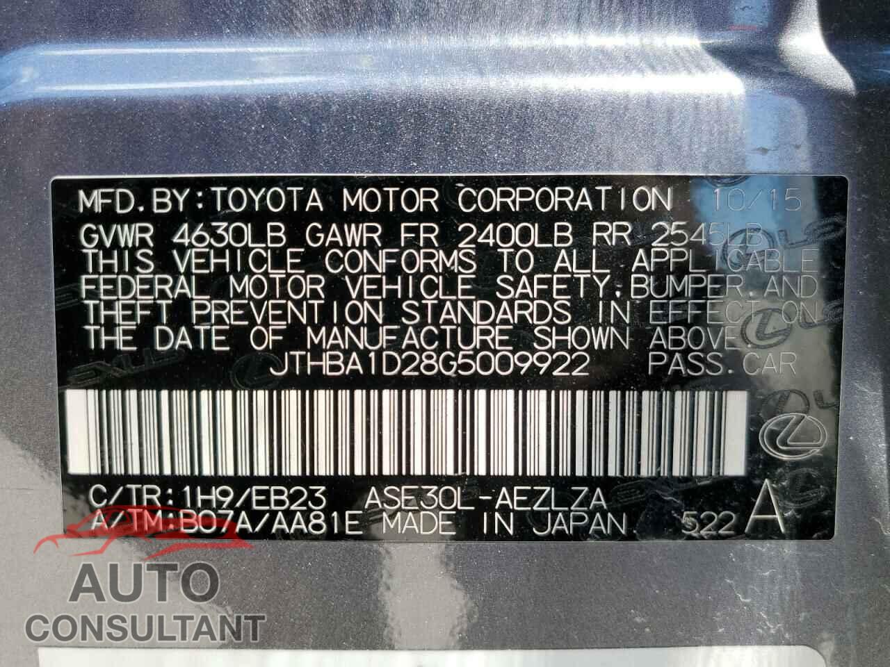 LEXUS IS 2016 - JTHBA1D28G5009922