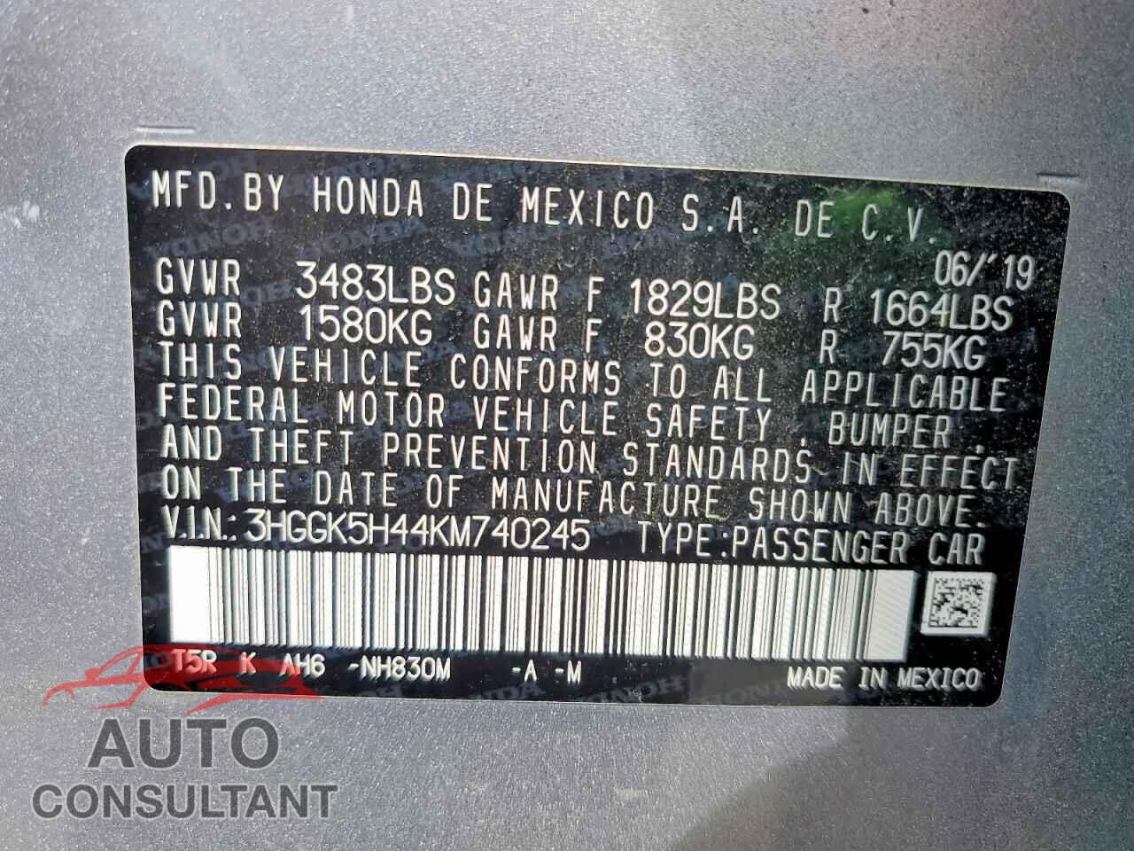 HONDA FIT 2019 - 3HGGK5H44KM740245