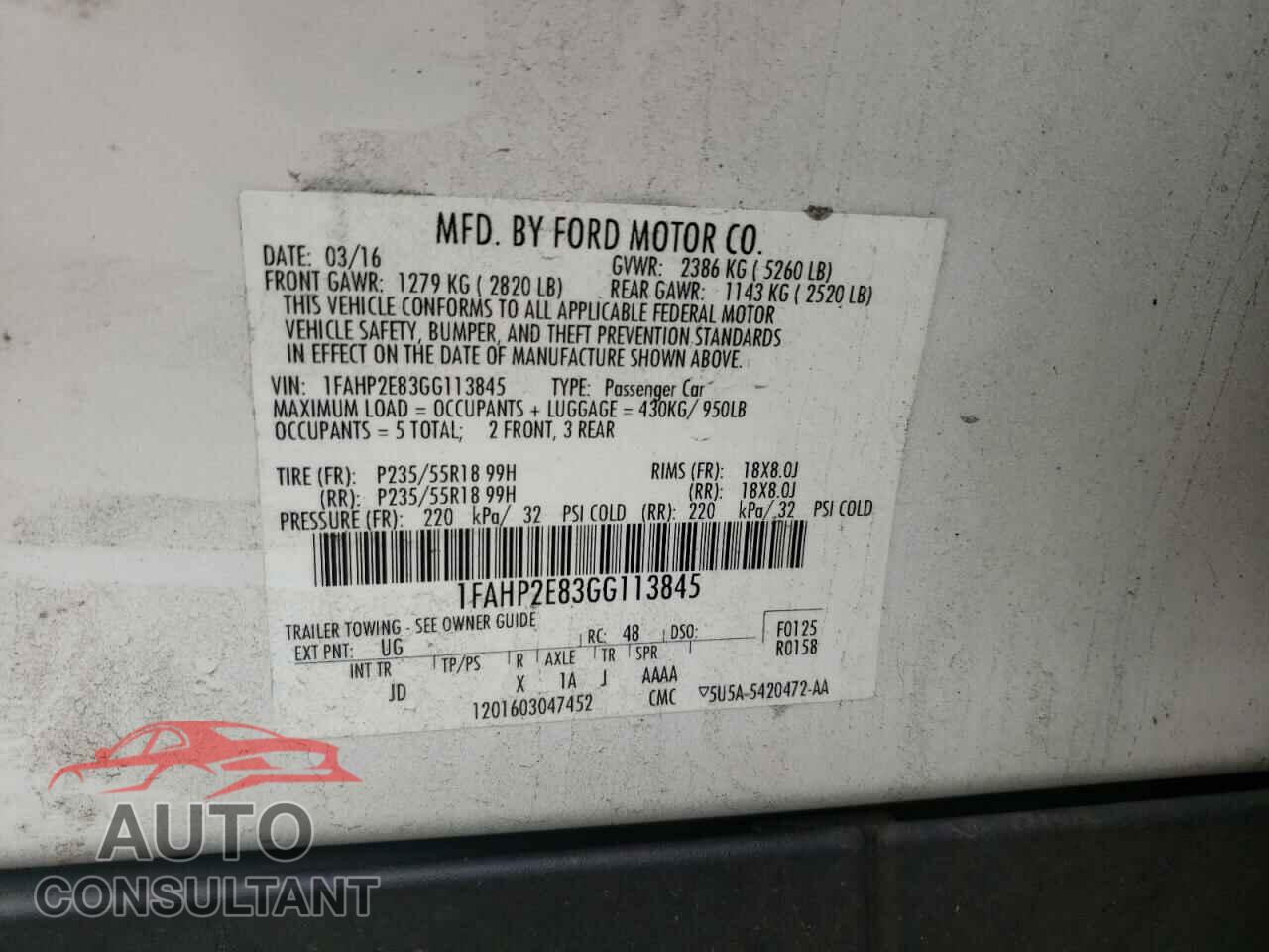 FORD TAURUS 2016 - 1FAHP2E83GG113845
