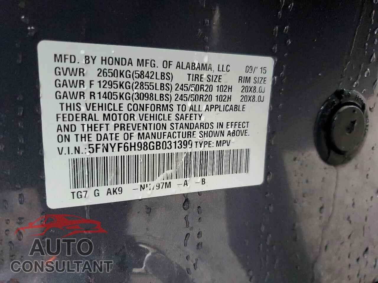 HONDA PILOT 2016 - 5FNYF6H98GB031399