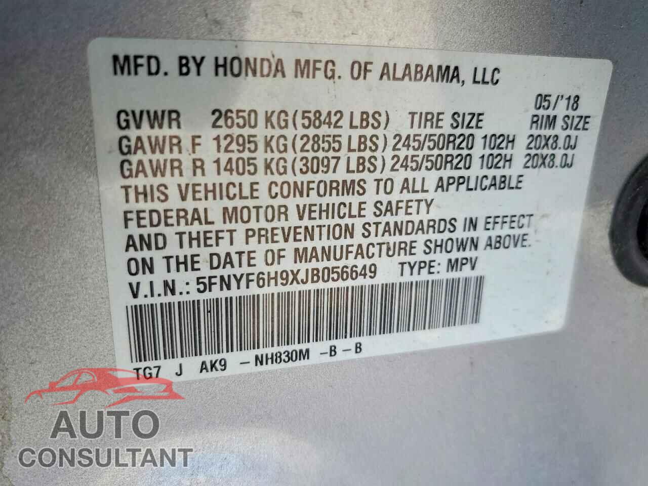 HONDA PILOT 2018 - 5FNYF6H9XJB056649
