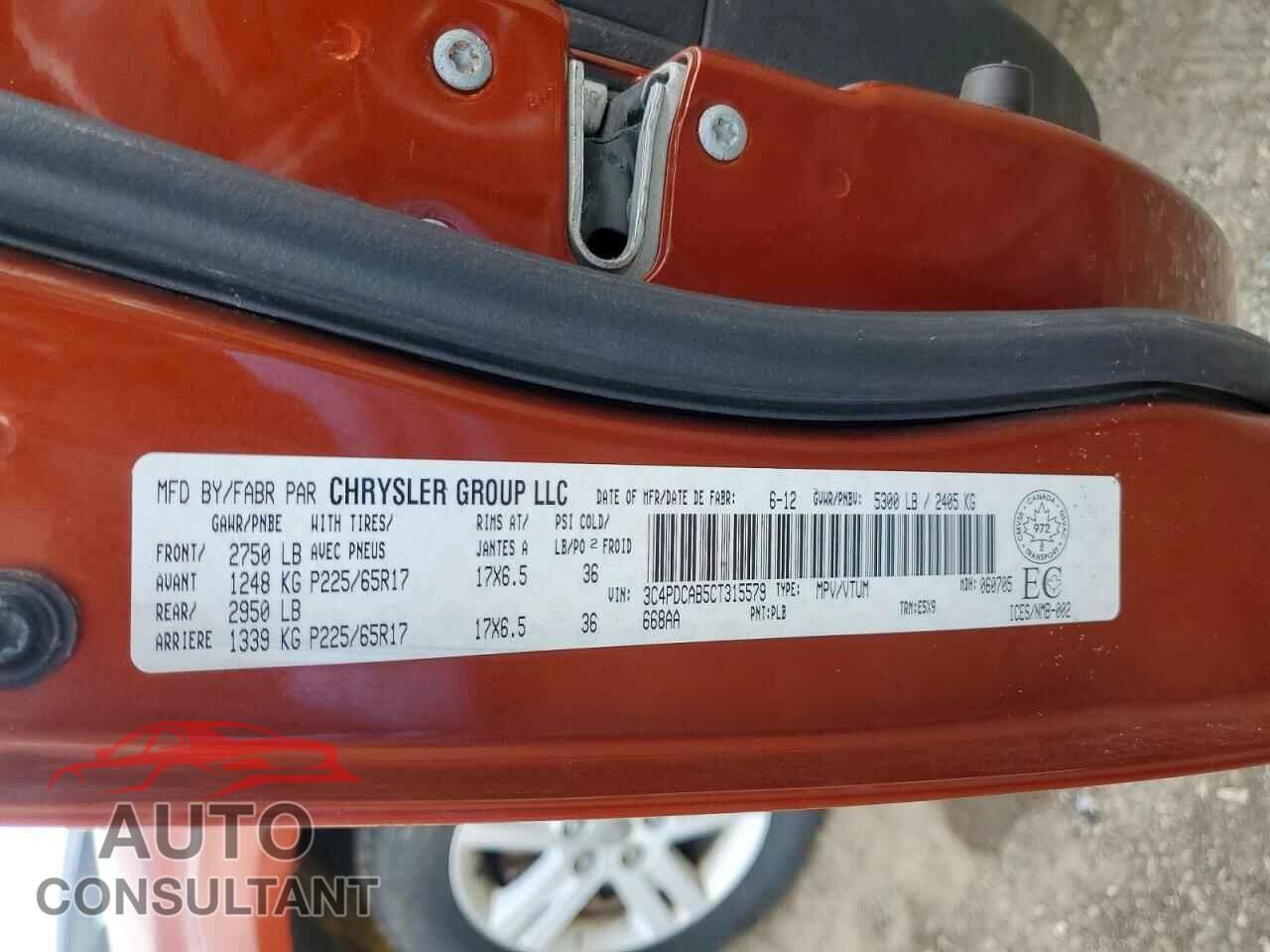 DODGE JOURNEY 2012 - 3C4PDCAB5CT315579