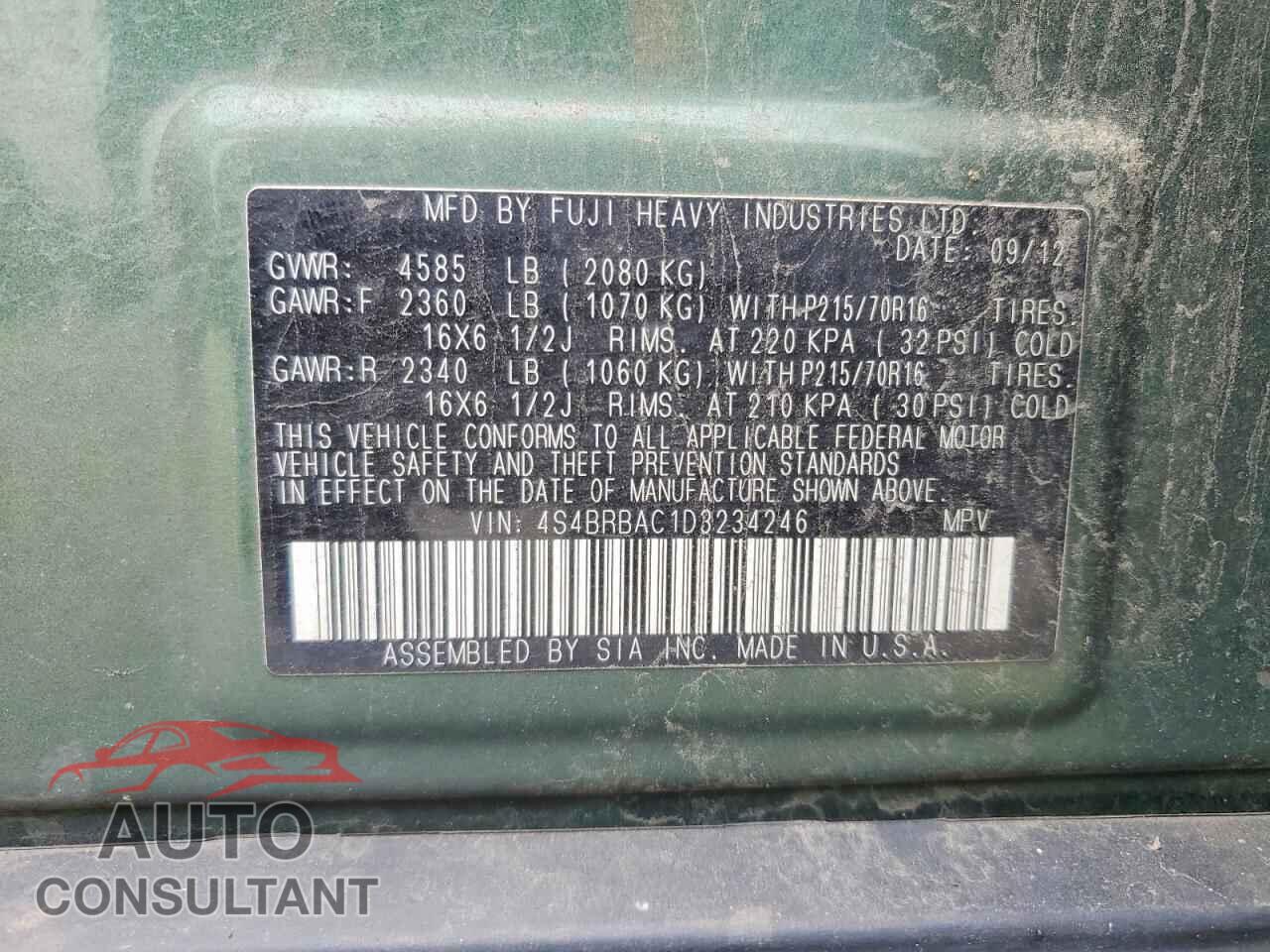 SUBARU OUTBACK 2013 - 4S4BRBAC1D3234246