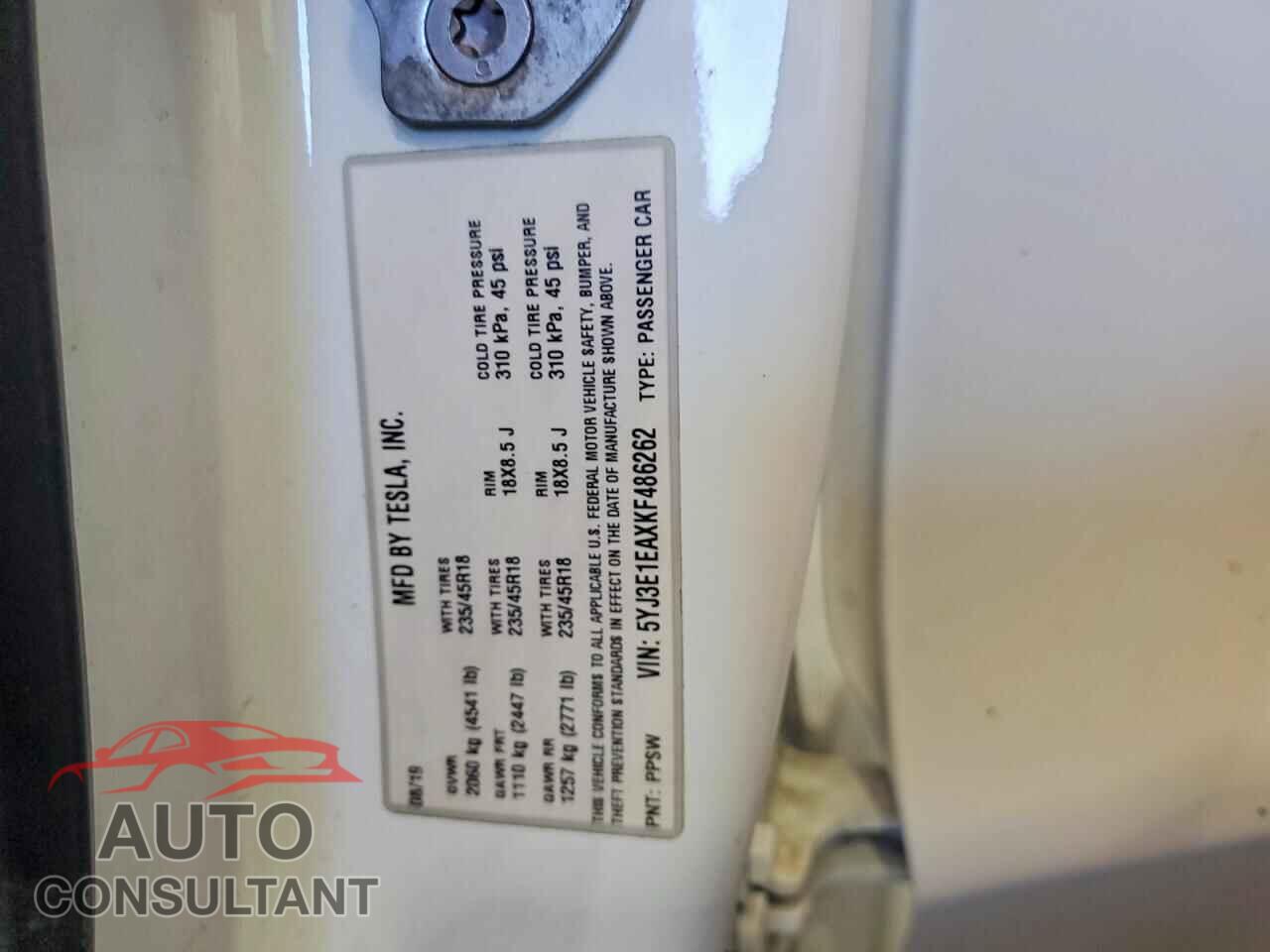 TESLA MODEL 3 2019 - 5YJ3E1EAXKF486262