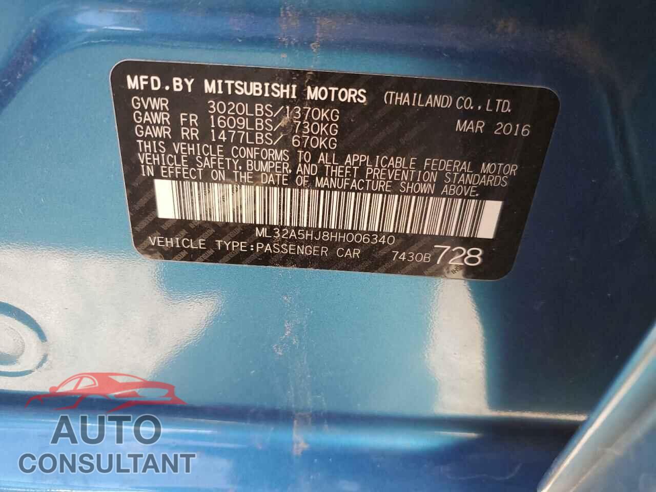 MITSUBISHI MIRAGE 2017 - ML32A5HJ8HH006340