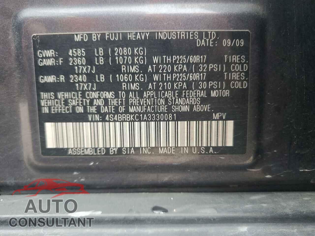 SUBARU OUTBACK 2010 - 4S4BRBKC1A3330081