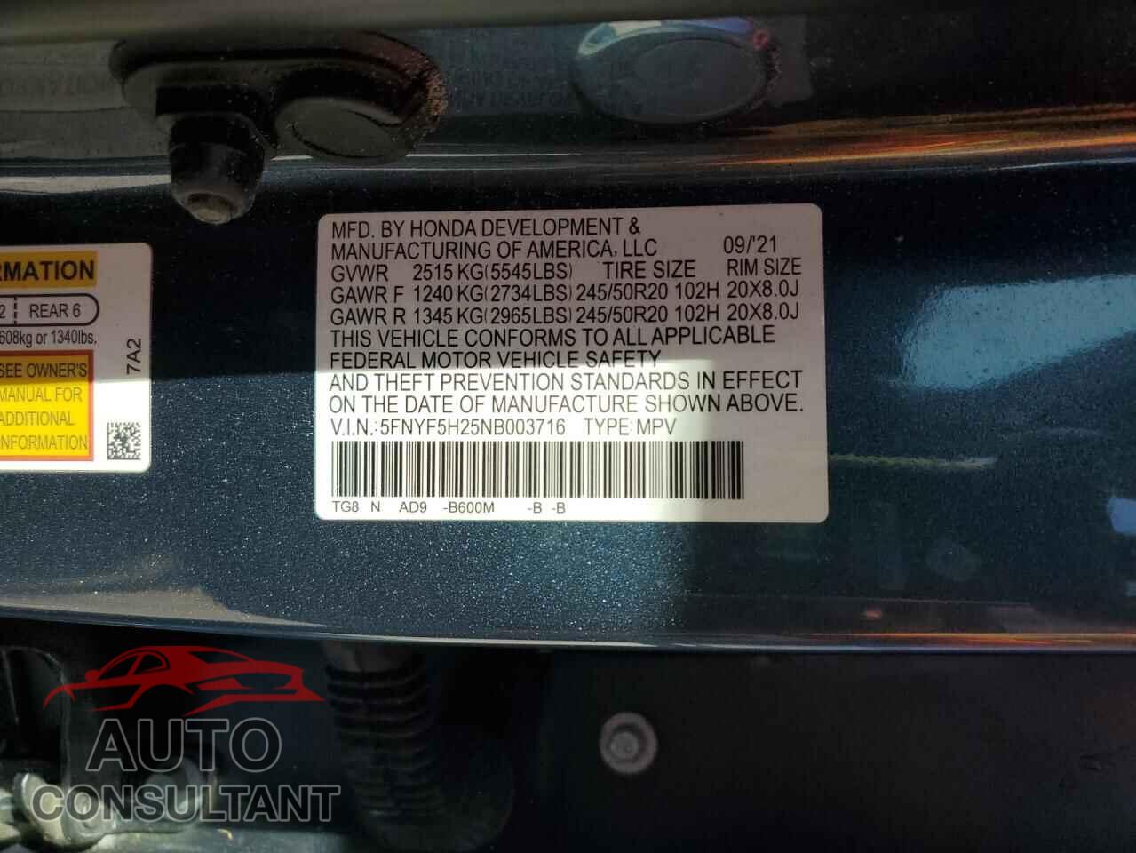 HONDA PILOT 2022 - 5FNYF5H25NB003716