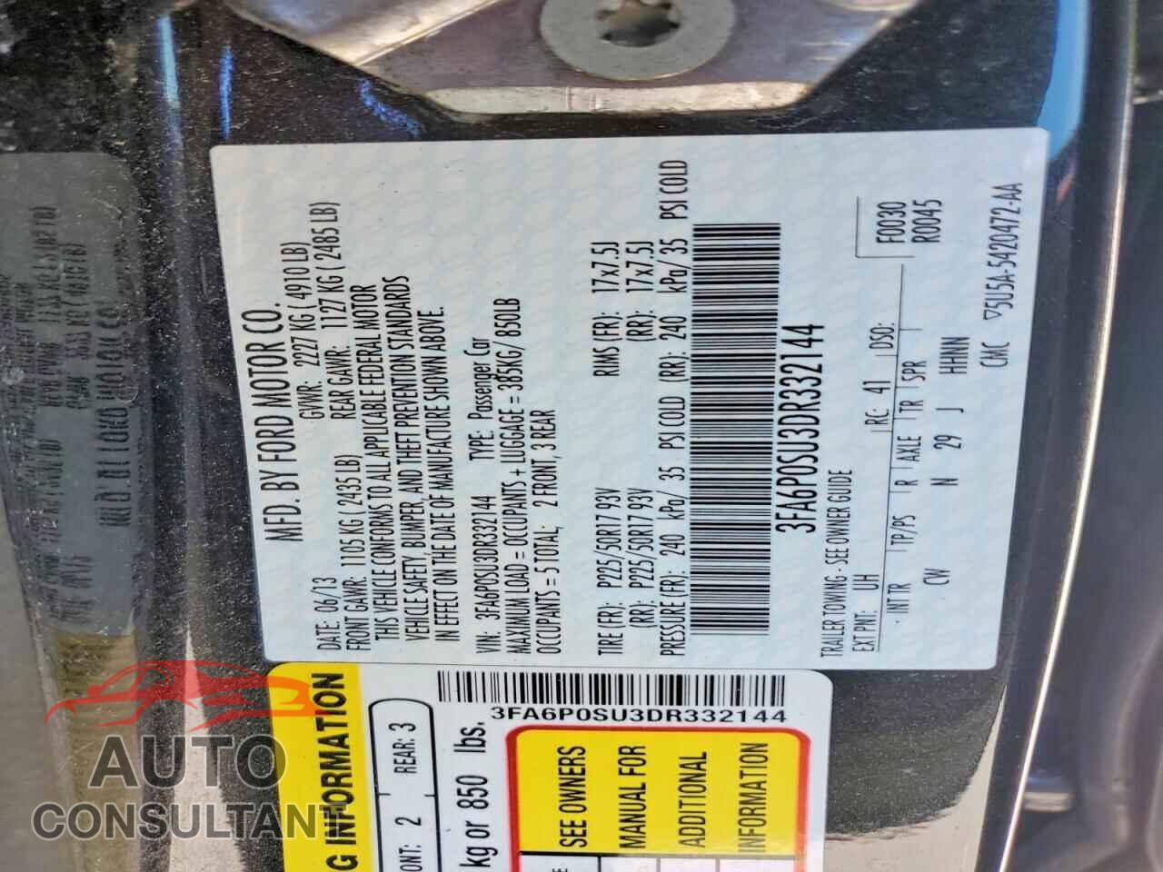 FORD FUSION 2013 - 3FA6P0SU3DR332144