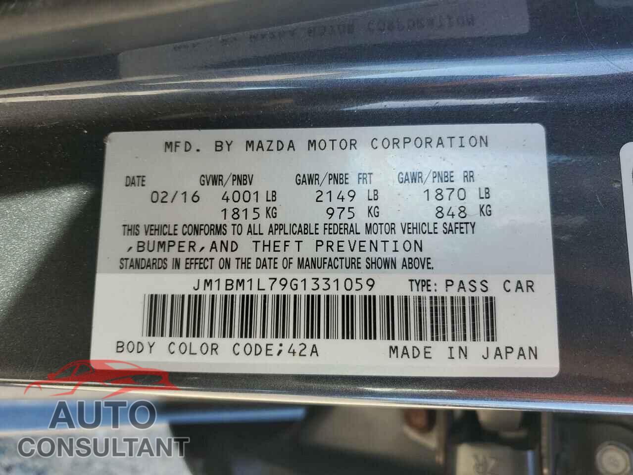 MAZDA 3 2016 - JM1BM1L79G1331059