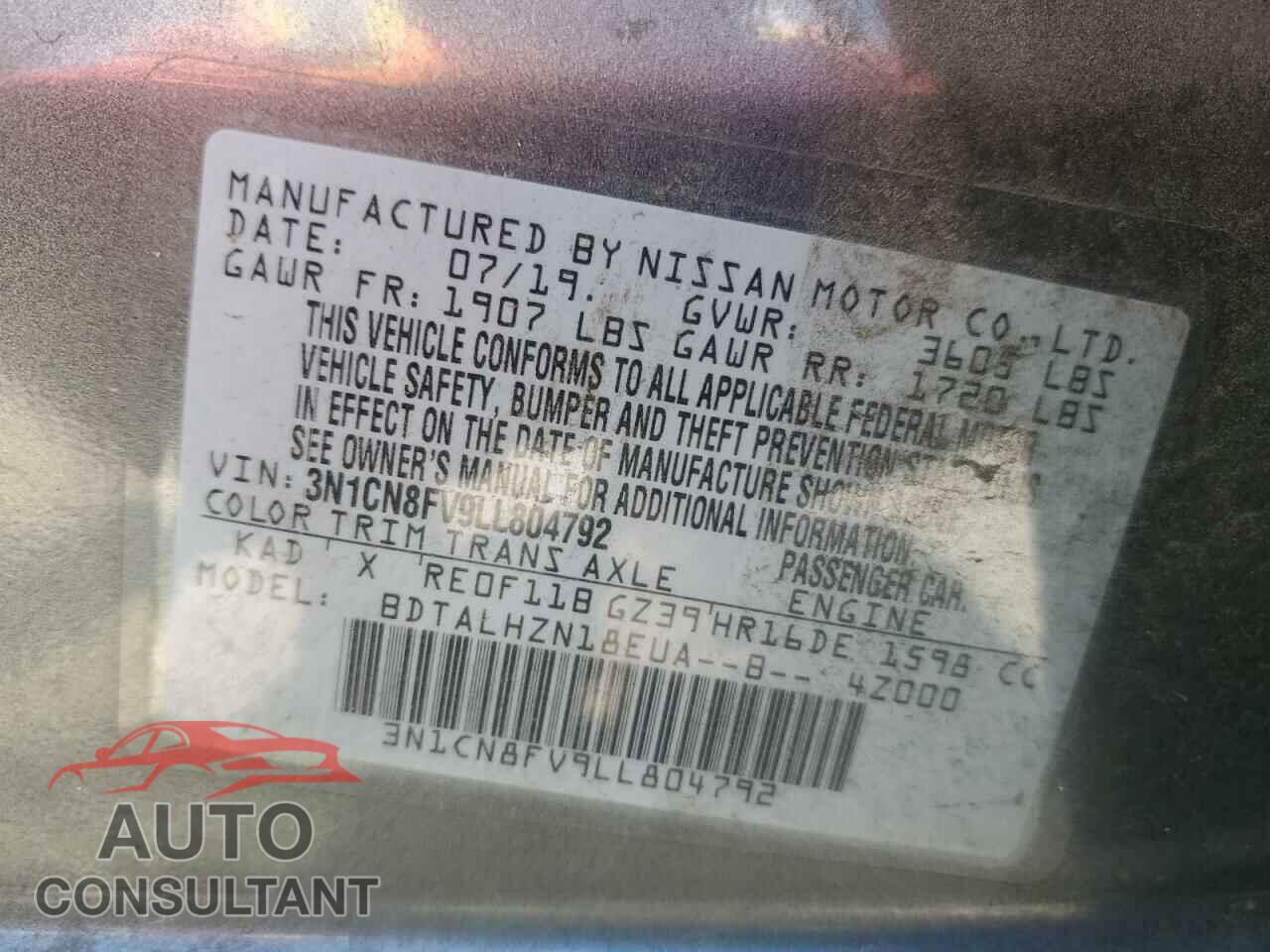 NISSAN VERSA 2020 - 3N1CN8FV9LL804792