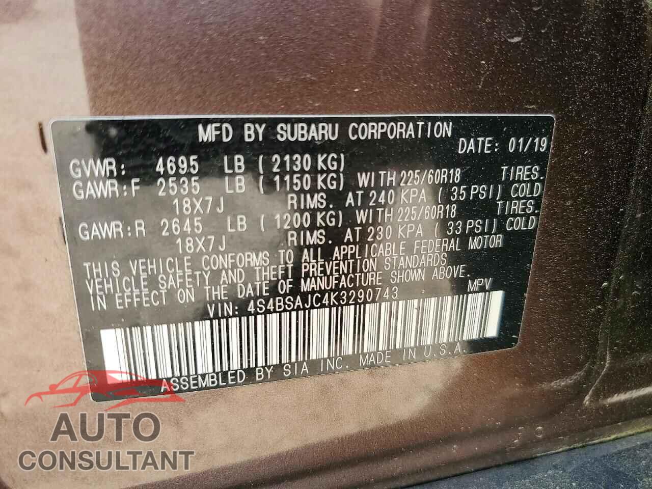 SUBARU OUTBACK 2019 - 4S4BSAJC4K3290743