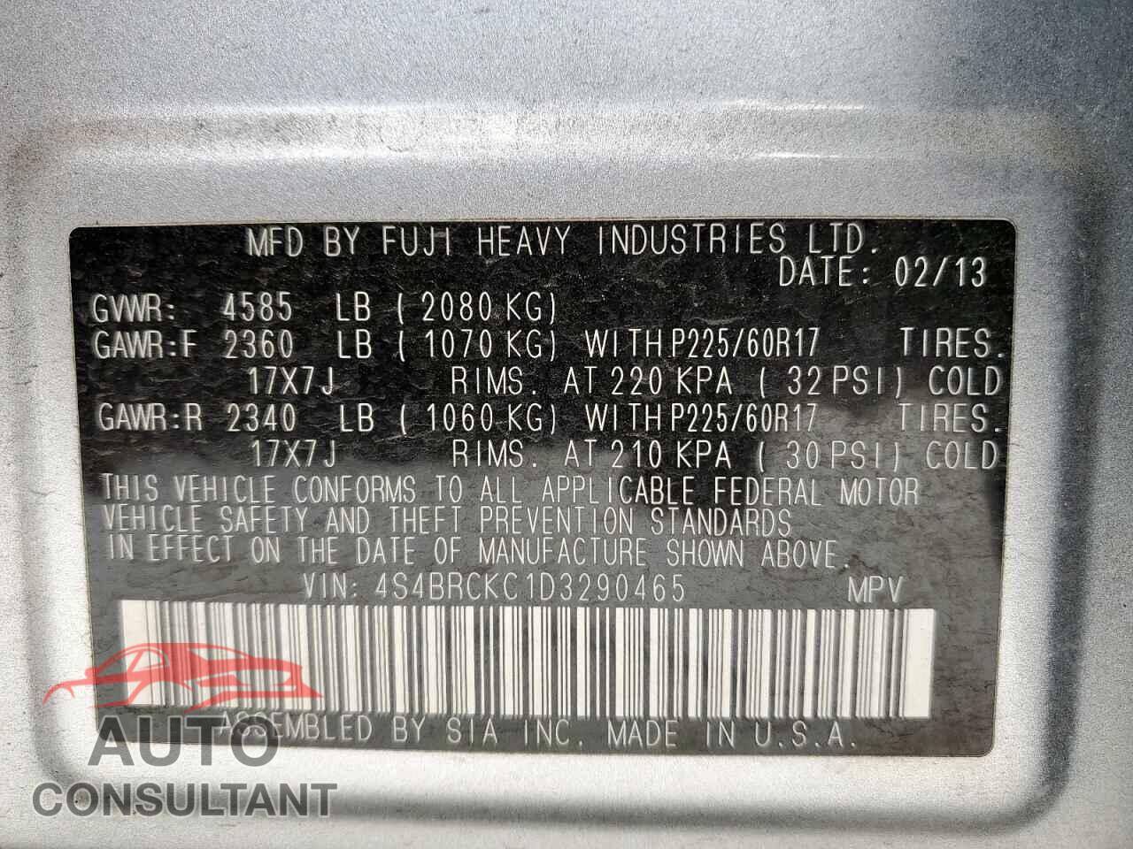 SUBARU OUTBACK 2013 - 4S4BRCKC1D3290465