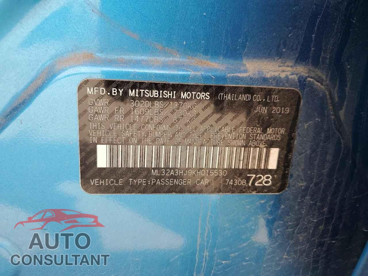 MITSUBISHI MIRAGE 2019 - ML32A3HJ9KH015530