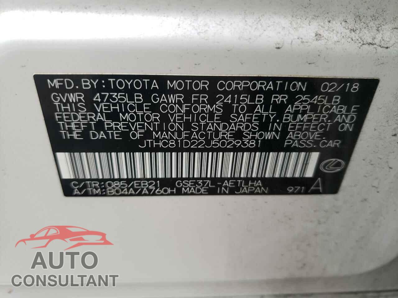 LEXUS IS 2018 - JTHC81D22J5029381