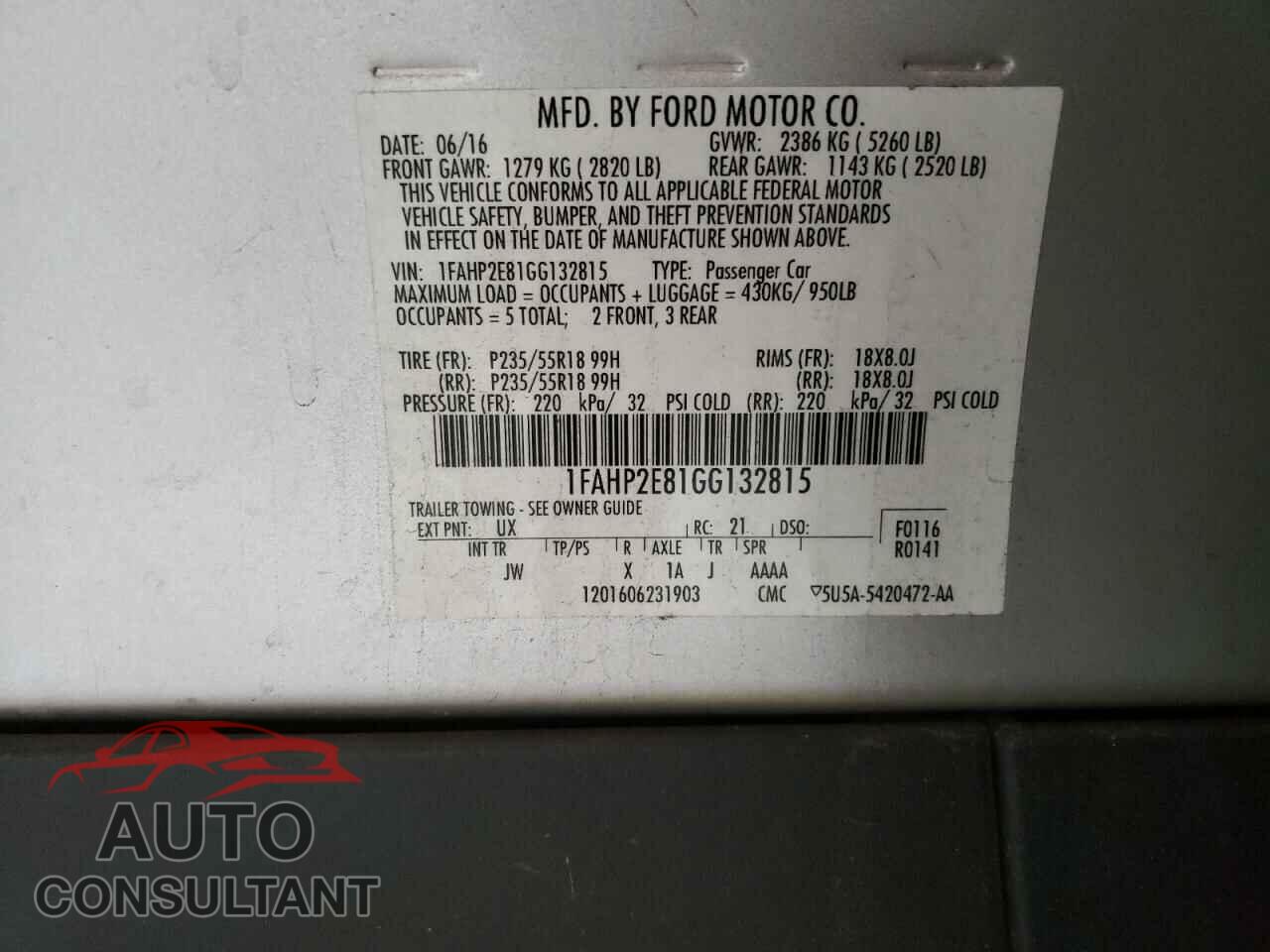 FORD TAURUS 2016 - 1FAHP2E81GG132815