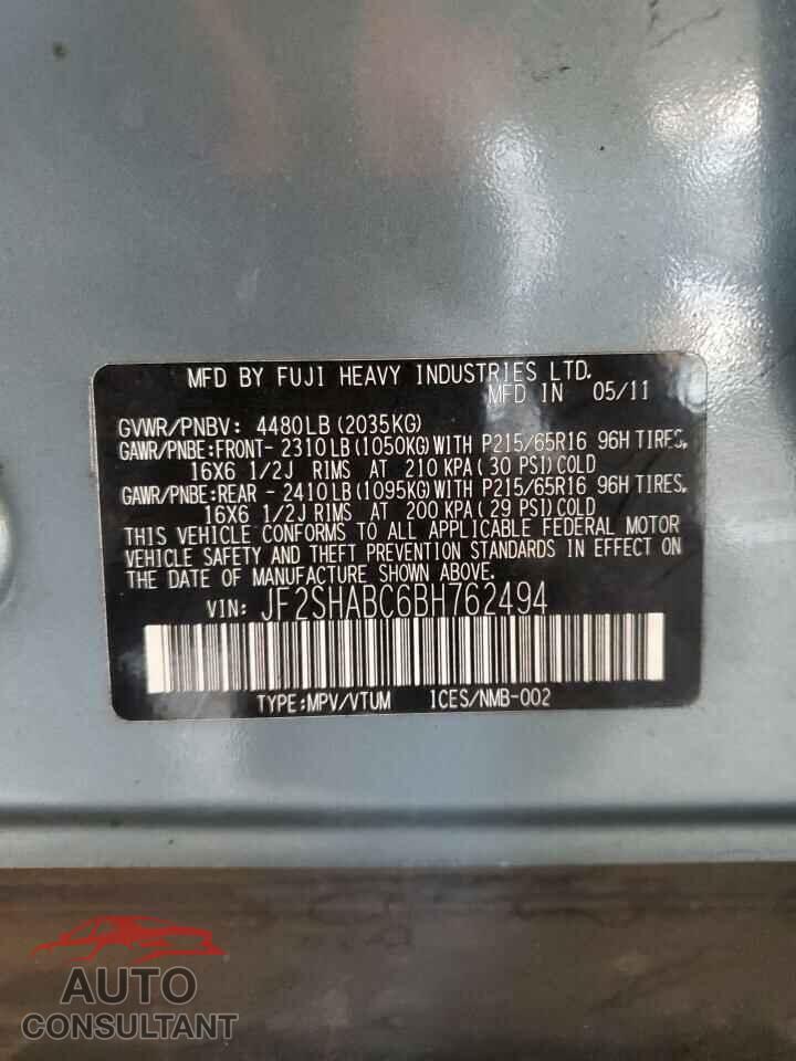 SUBARU FORESTER 2011 - JF2SHABC6BH762494
