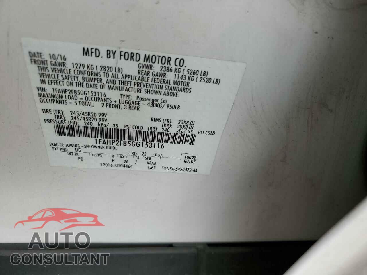 FORD TAURUS 2016 - 1FAHP2F85GG153116