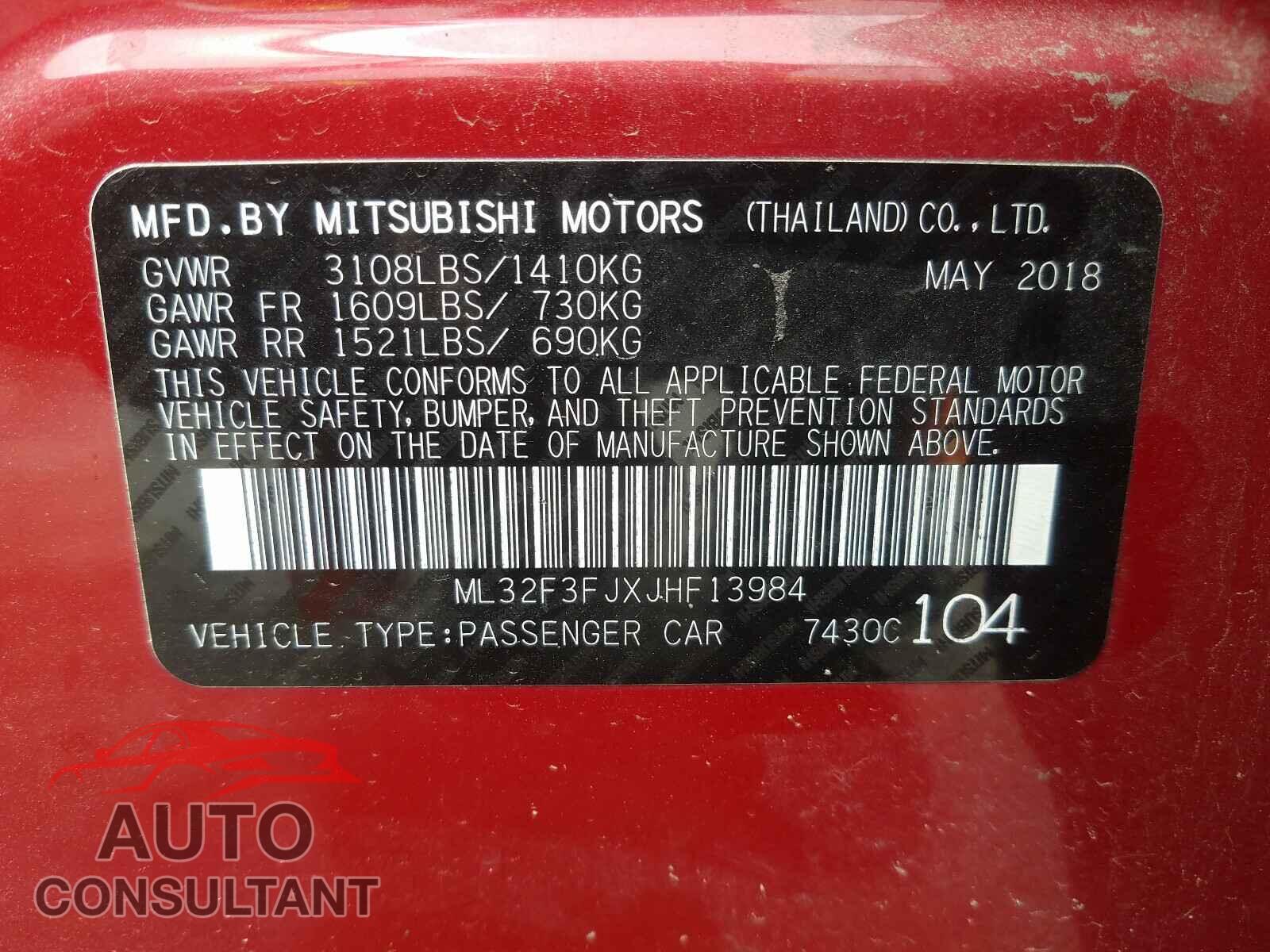 MITSUBISHI MIRAGE 2018 - ML32F3FJXJHF13984