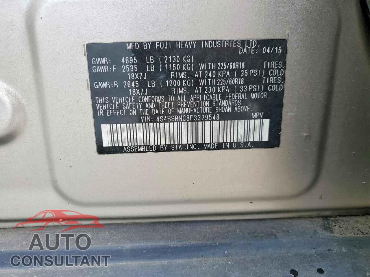 SUBARU OUTBACK 2015 - 4S4BSBNC8F3329548