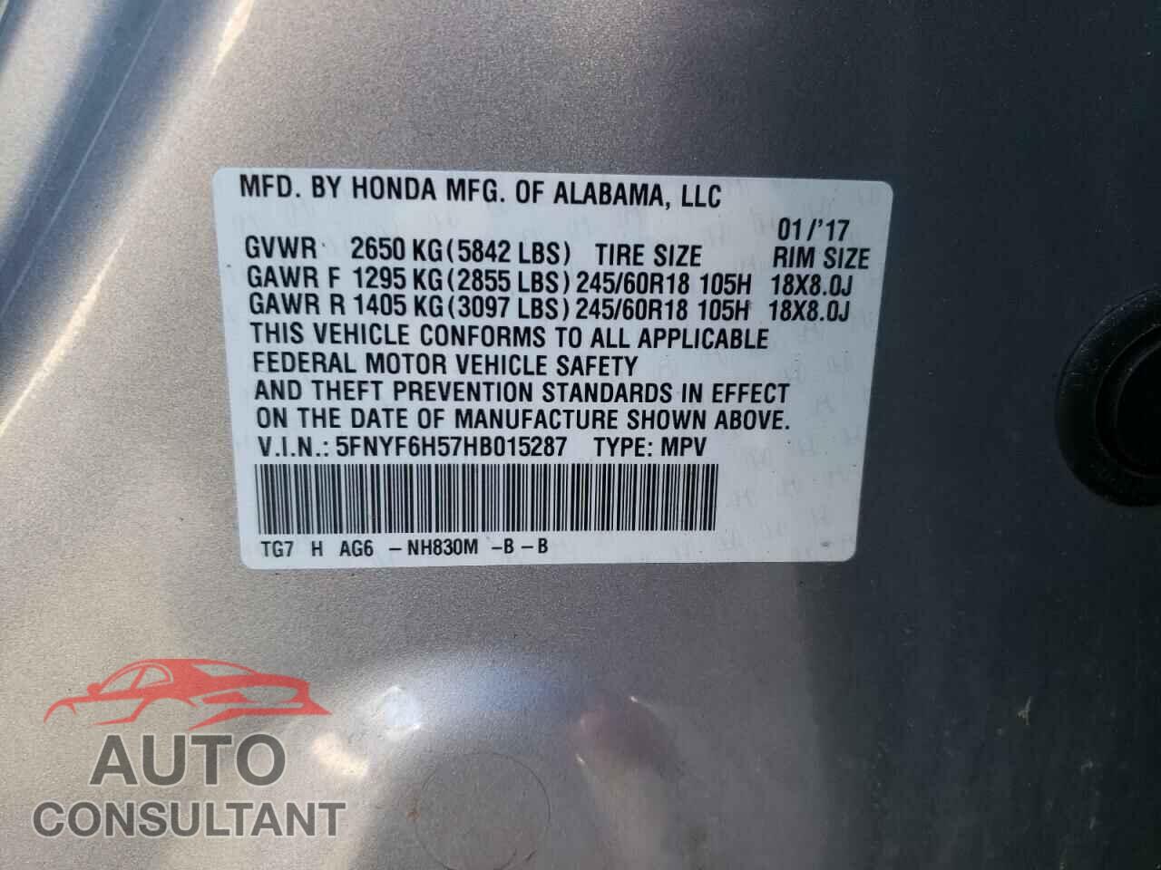HONDA PILOT 2017 - 5FNYF6H57HB015287