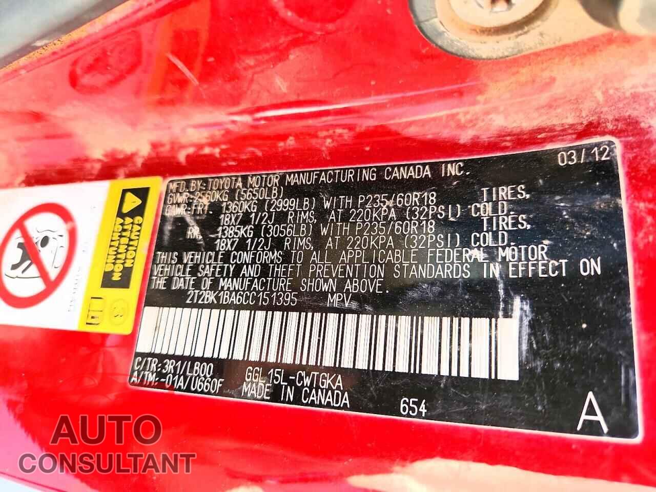 LEXUS RX350 2012 - 2T2BK1BA6CC151395