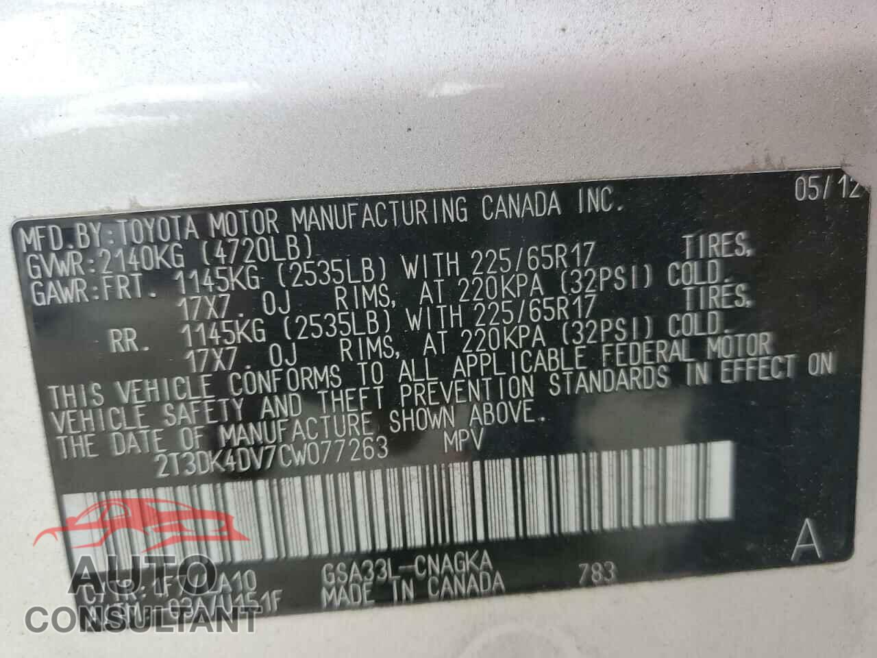 TOYOTA RAV4 2012 - 2T3DK4DV7CW077263