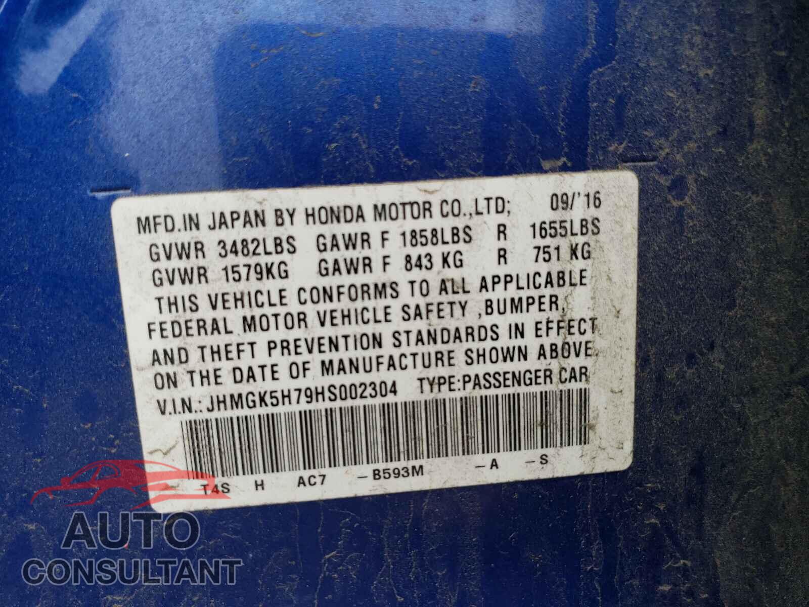 HONDA FIT 2017 - JHMGK5H79HS002304
