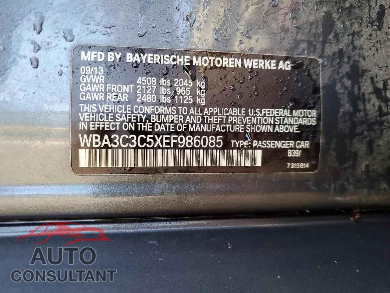 BMW 3 SERIES 2014 - WBA3C3C5XEF986085