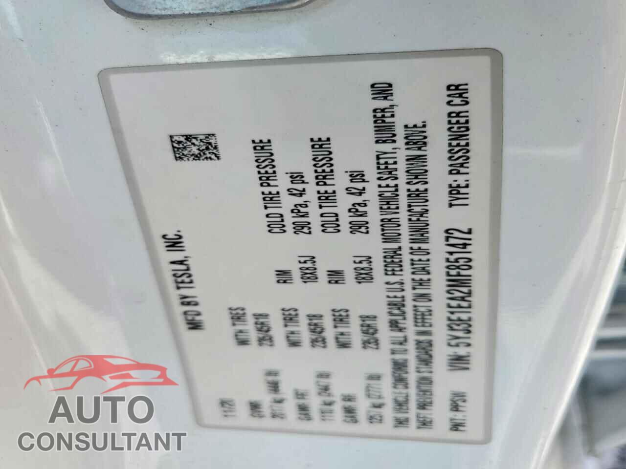 TESLA MODEL 3 2021 - 5YJ3E1EA2MF851472