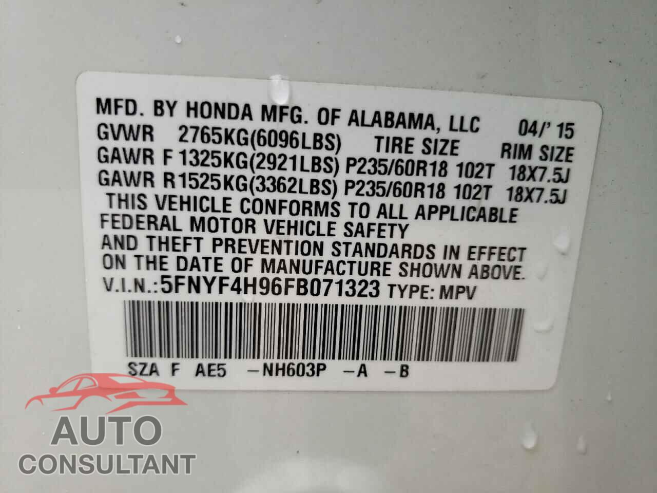 HONDA PILOT 2015 - 5FNYF4H96FB071323