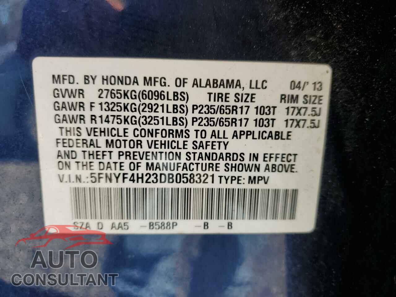 HONDA PILOT 2013 - 5FNYF4H23DB058321