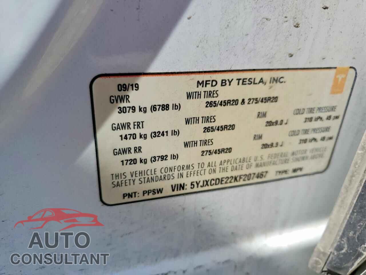 TESLA MODEL X 2019 - 5YJXCDE22KF207467