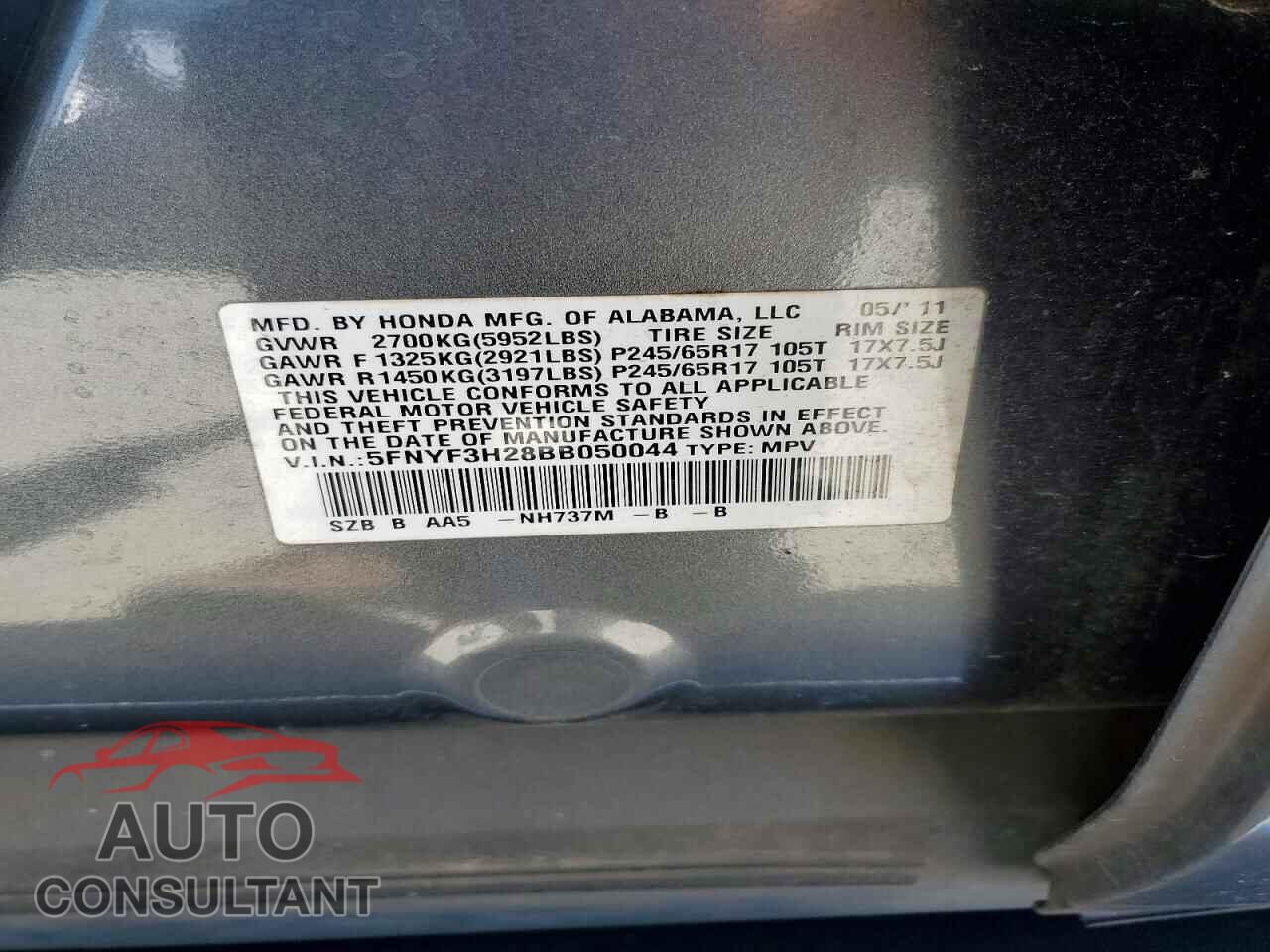HONDA PILOT 2011 - 5FNYF3H28BB050044