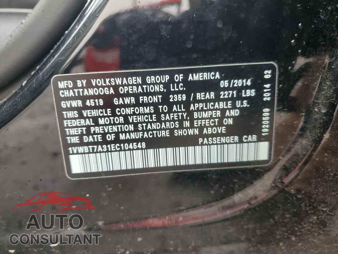 VOLKSWAGEN PASSAT 2014 - 1VWBT7A31EC104548
