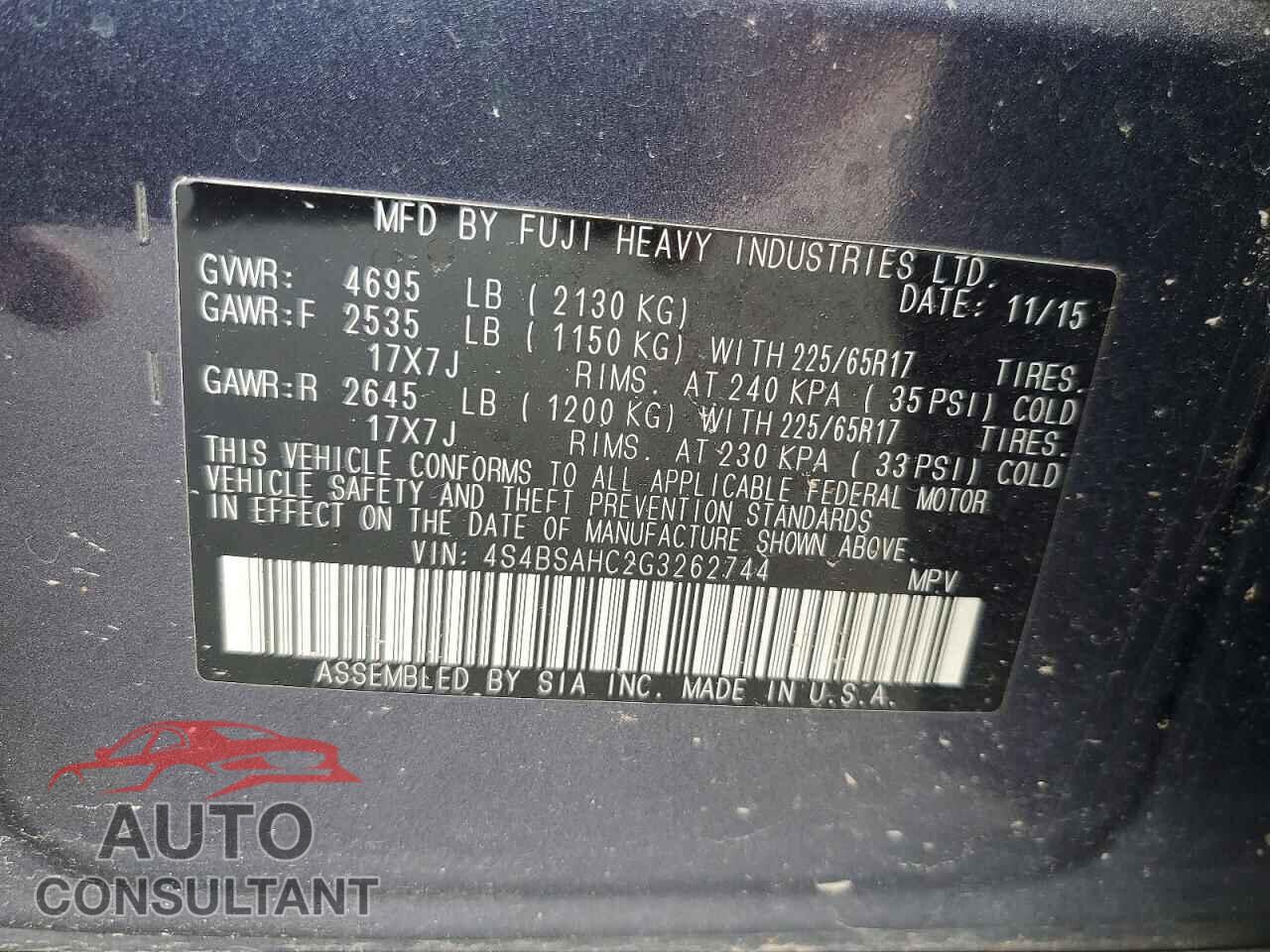 SUBARU OUTBACK 2016 - 4S4BSAHC2G3262744