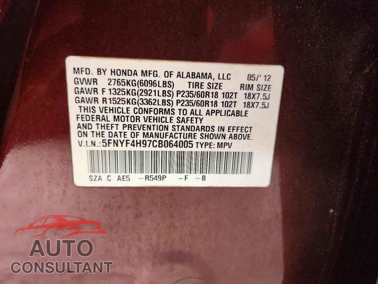 HONDA PILOT 2012 - 5FNYF4H97CB064005