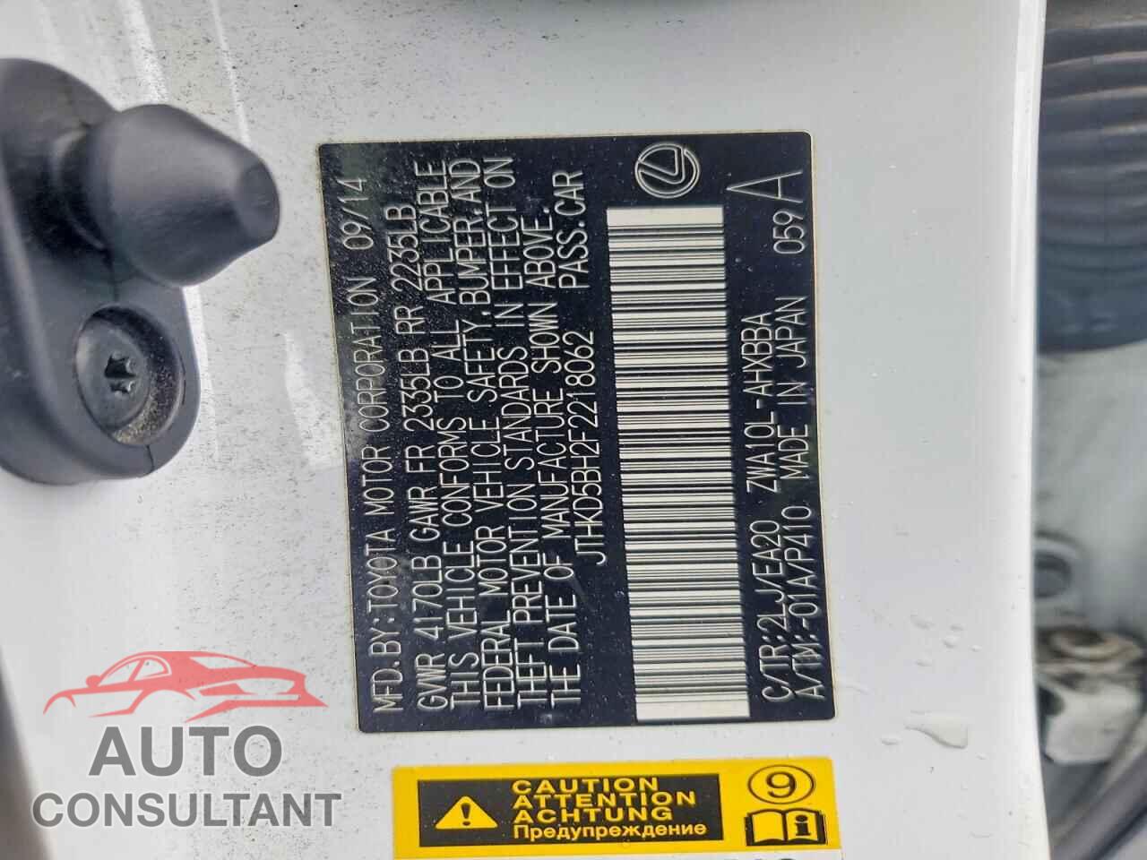 LEXUS CT 200 2015 - JTHKD5BH2F2218062