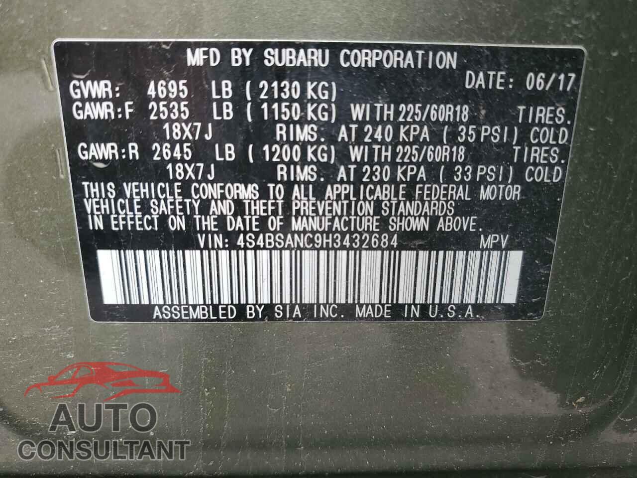 SUBARU OUTBACK 2017 - 4S4BSANC9H3432684